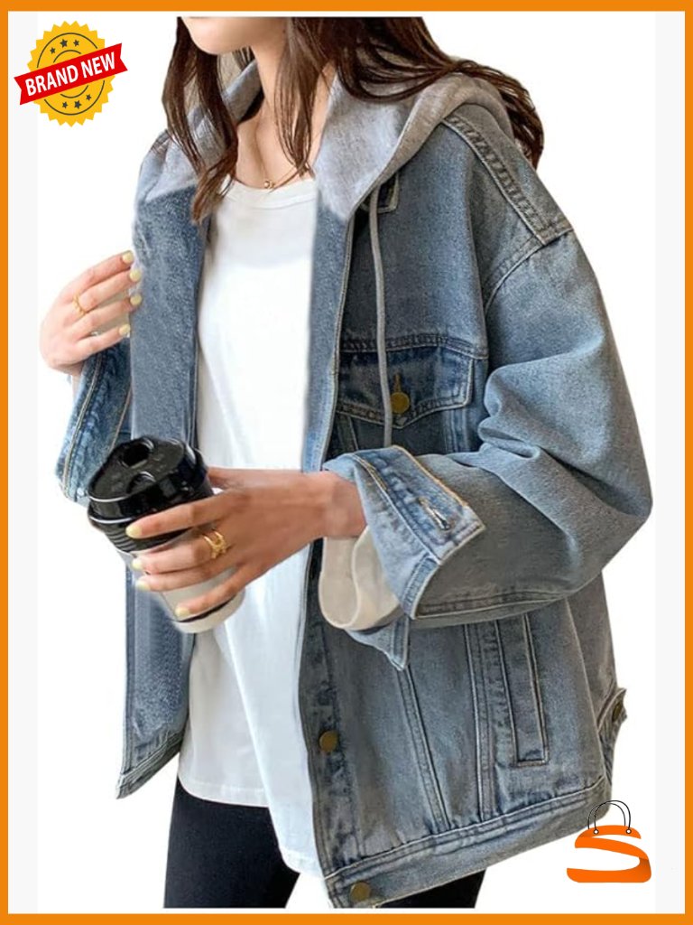 Womens Denim Jacket Distressed Oversized Hooded Long Sleeve Cotton Blend